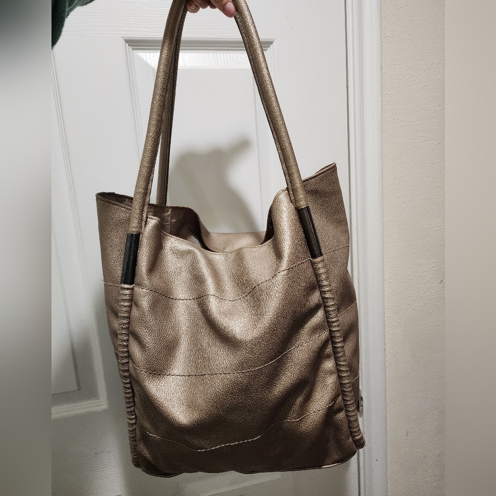 Champagne Neiman Marcus Vintage Tan Faux Leather Hobo Tote Bag